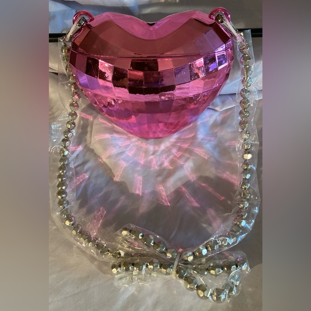 Pink Disco Heart-Shaped PERSONAL BEVERAGE HOLDER w/ Cross Body Strap